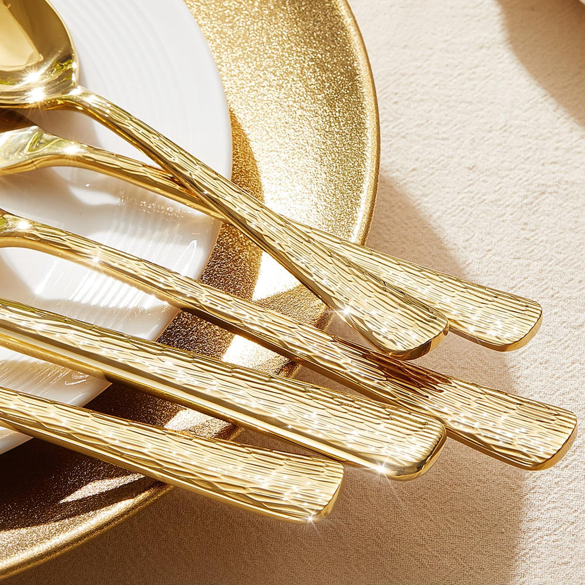 KINGSTONE Gold Hammered Silverware Set, Flatware Set with Serving Utensils, 18/10 Stainless Steel Premium Cutlery with Unique Ripple Handles Design Mirror Polished - Dishwasher Safe (45-Piece)