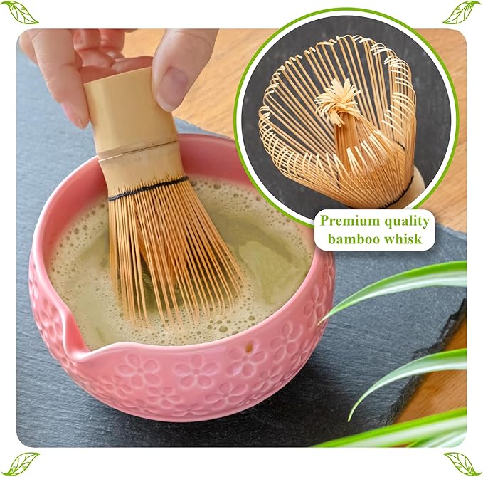 Matcha Whisk Set- Matcha Set includes Matcha Whisk and Bowl with Spout, Sifter, Holder and Scoop- The Perfect Bamboo Whisk for Matcha Tea (Rose Pink)