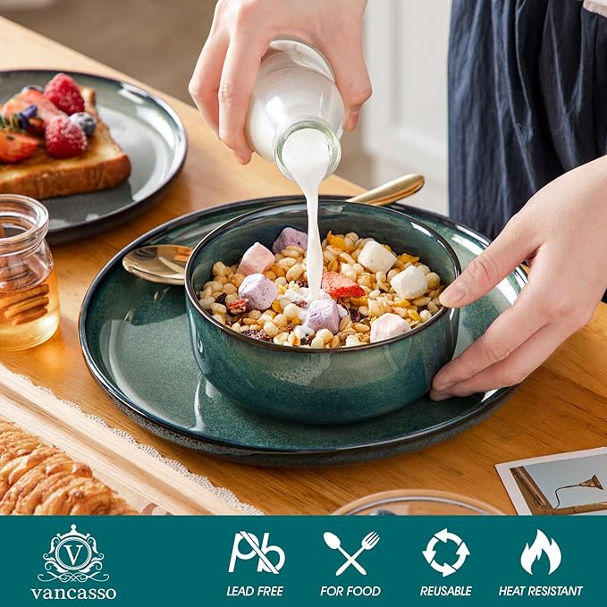 vancasso Starry 18 Pieces Dinnerware Sets for 6, Green Reactive Glaze Dishes Sets, Ceramic Plates and Bowls Set, Dinner Salad Dessert Plates, and Cereal Bowls Set, Dishwasher and Microwave Safe