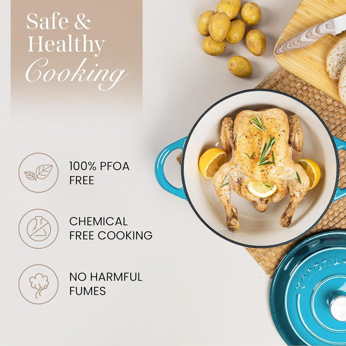 Nuovva Enamelled Cast Iron Dutch Oven Pot with Lid 6.4 Quart Non Stick Casserole Pot – Heavy Duty & Oven Safe up to 500° F for Bread Baking, Braising, Stews, Roasting – 28cm Light Blue