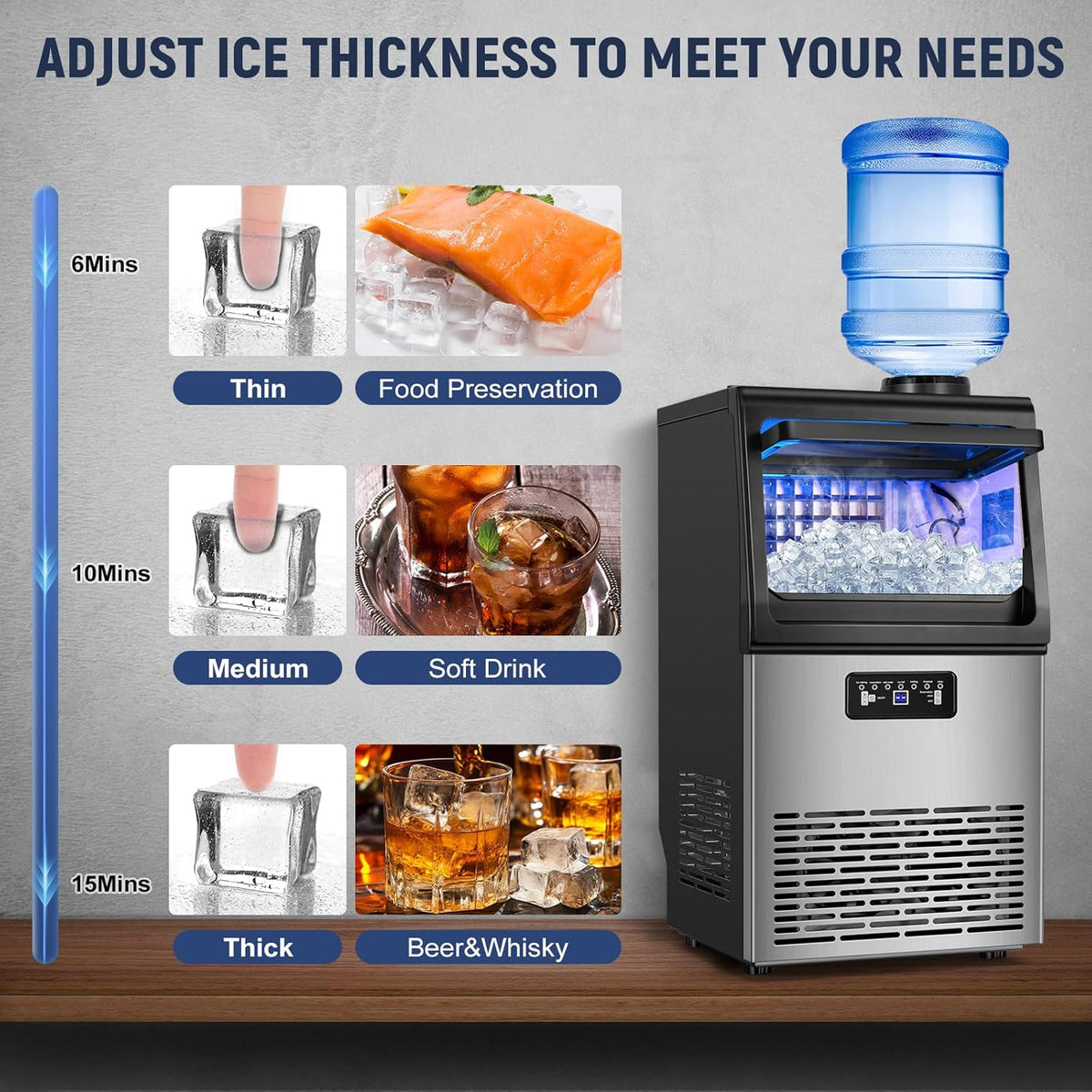 100LBS/24H High Output - Commercial Ice Maker with 20LBS Storage Bin - Dual Water Inlets, 36 Ice Cubes/Cycle, 15" Compact Undercounter/Freestanding Design - Self-Cleaning for Home Bars, Outdoor