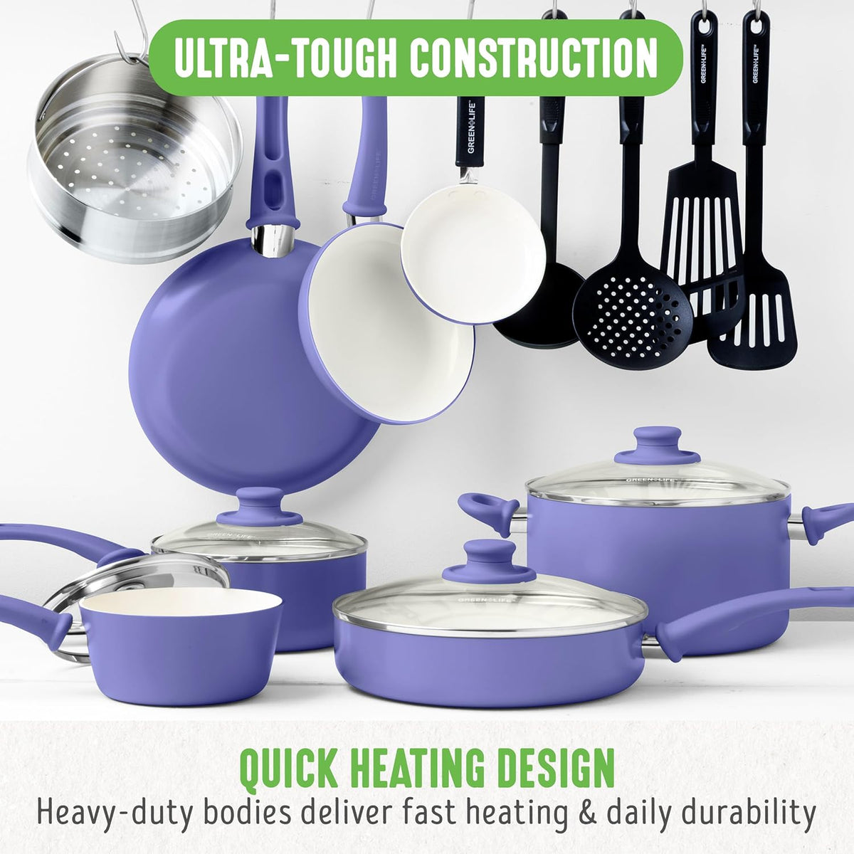 GreenLife 16 Piece Nonstick Cookware Set, Soft Grip Non-Toxic PFAS-Free Ceramic Pots & Pans, Dishwasher & Oven Safe, Frying, Sauce, Utensils, Glass Lids, Stay-Cool Handles, Wobble Free, Periwinkle