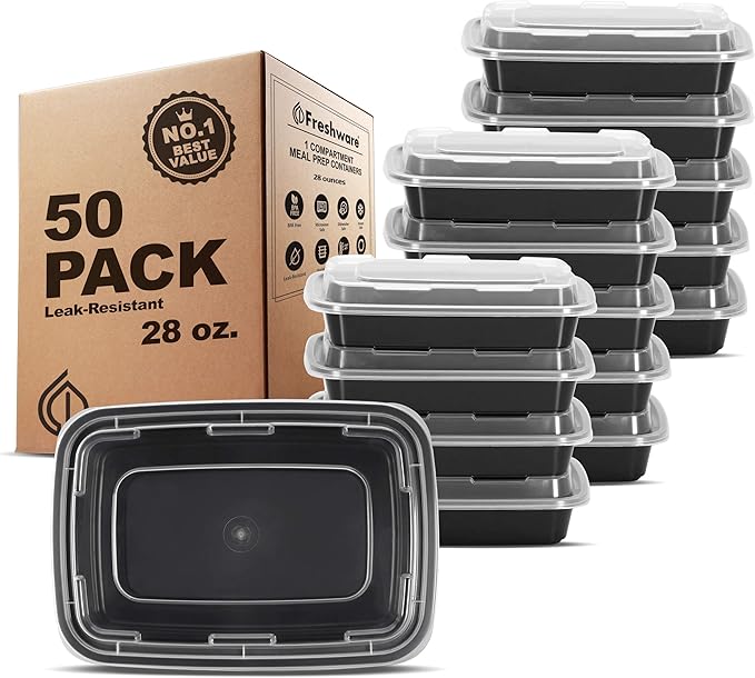Freshware Meal Prep Containers 1 Compartment Food Storage Containers with Lids, Bento Box, BPA Free, Stackable, Microwave/Dishwasher/Freezer Safe (28 oz), 50 Count (Pack of 1)