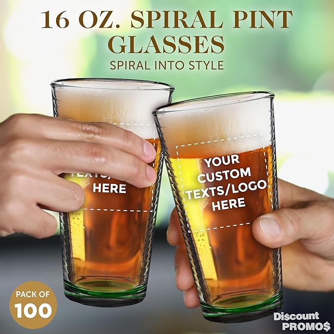 Custom Spiral Pint Glass 16 oz. Set of 100, Personalized Bulk Pack - Beer Glasses, Heavy Duty Drinkware - Green