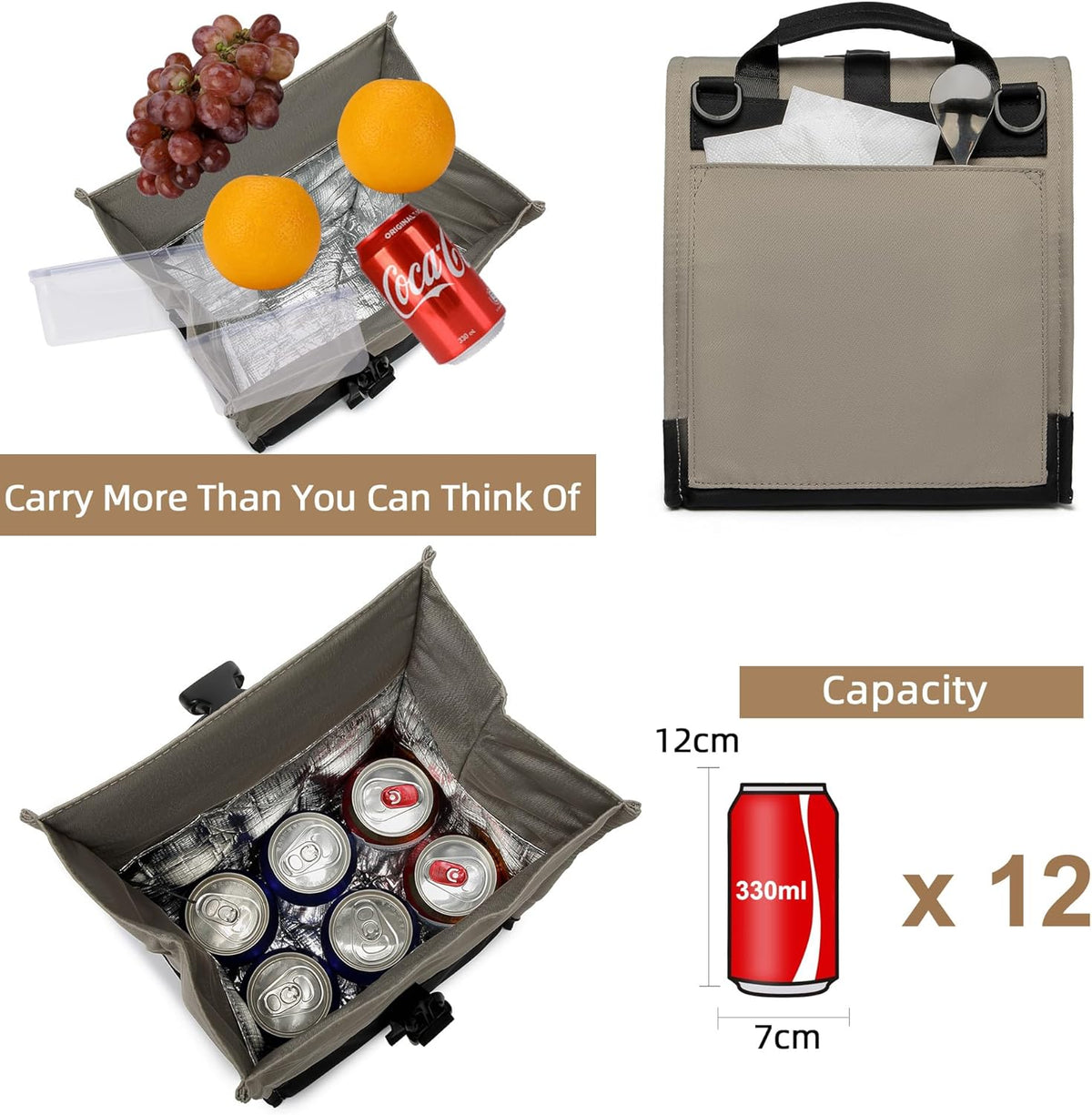 SUNNY BIRD Insulated Lunch Bag Rolltop Lunch Box Tote Bag for Women, Men, Adults and Teens (Grey and black)