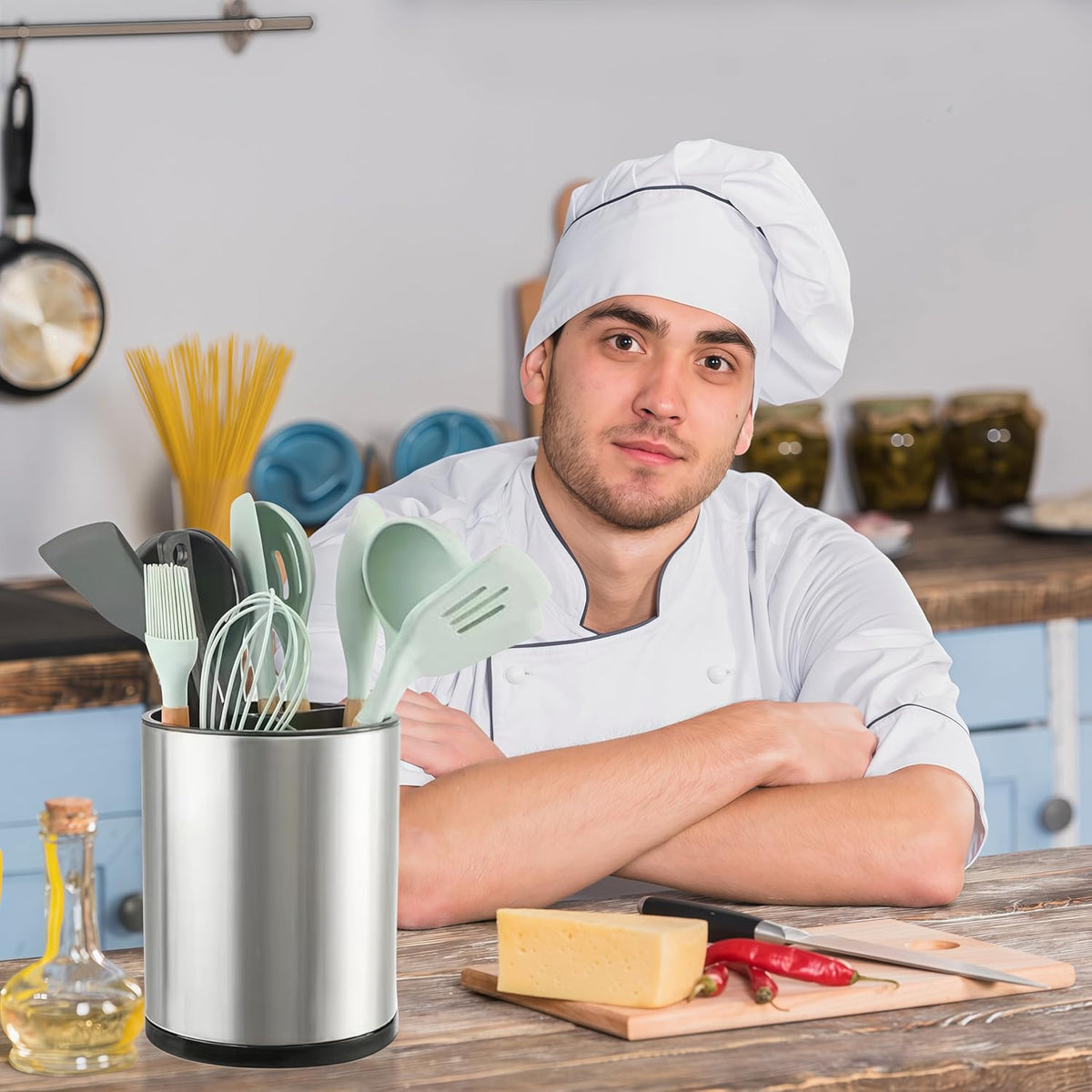 Utensil Holder,4-in-1 Large Kitchen Utensil Holder For Counter,Rotating Silverware Organizer Cooking Flatware Spoon Spatula Tool Cutlery Container Stainless Steel Caddy