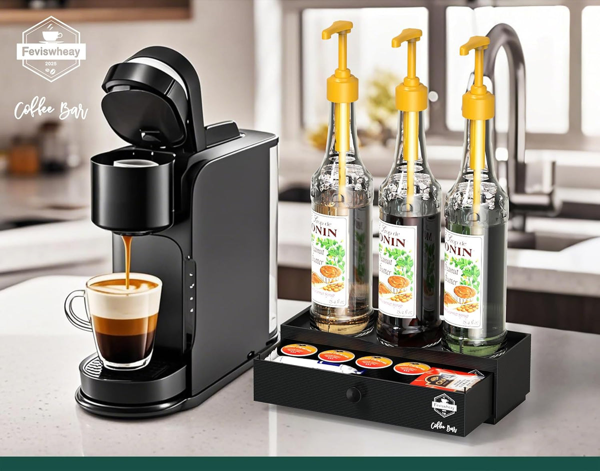 Coffee Bar Organizer, 2-Tier Syrup Rack with Coffee Drawer, Suitable for Dirty Soda Bar Supplies & Holding Torani Bottles, Wine Glasses, Space-Saving for Small Kitchens,Apartments,Dorms