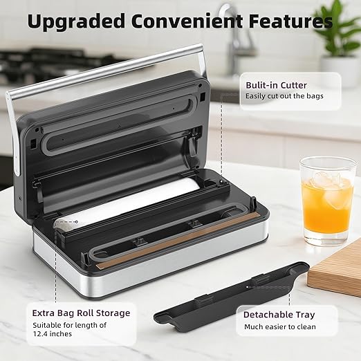 10-In-1 Vacuum Food Sealer Machine, 85Kpa 200W Automatic Food Sealer, Low Noise Food Vacuum Saver with Sealer Bags, Roll, Build-in Cutter, Handheld and Compact Design with Digital Timer