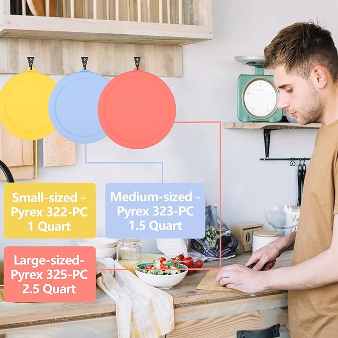 3 Pack Silicone Lids Only Fit for Pyrex 322-1 Quart / 323-1.5 Quart / 325-2.5 Quart Smart Essentials Rimmed Glass Mixing Bowls, Dishwasher and Microwave Safe (Lids Only)