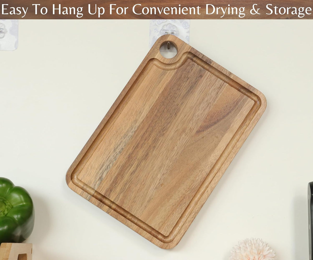 Acacia Wood Cutting Board (12x8x0.8 In.) - Small Wooden Boards with Handle and Juice Groove for Kitchen, Solid Mini Real Hardwood Hanging Chopping Boardsmith Butcher Block for BBQ