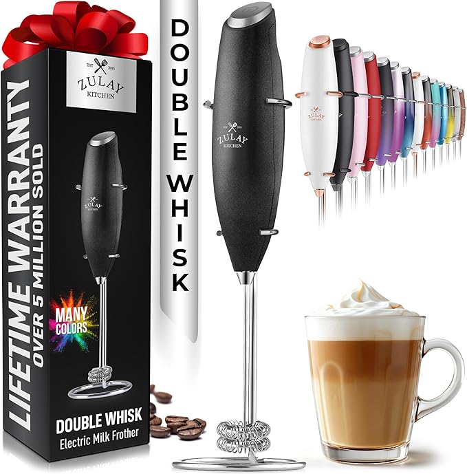 Zulay Kitchen Double Whisk Milk Frother – Handheld Foam Maker for Coffee, Lattes, Matcha, Hot Chocolate & Cappuccinos – Whip Creamy Froth in Seconds, Portable & Easy to Use