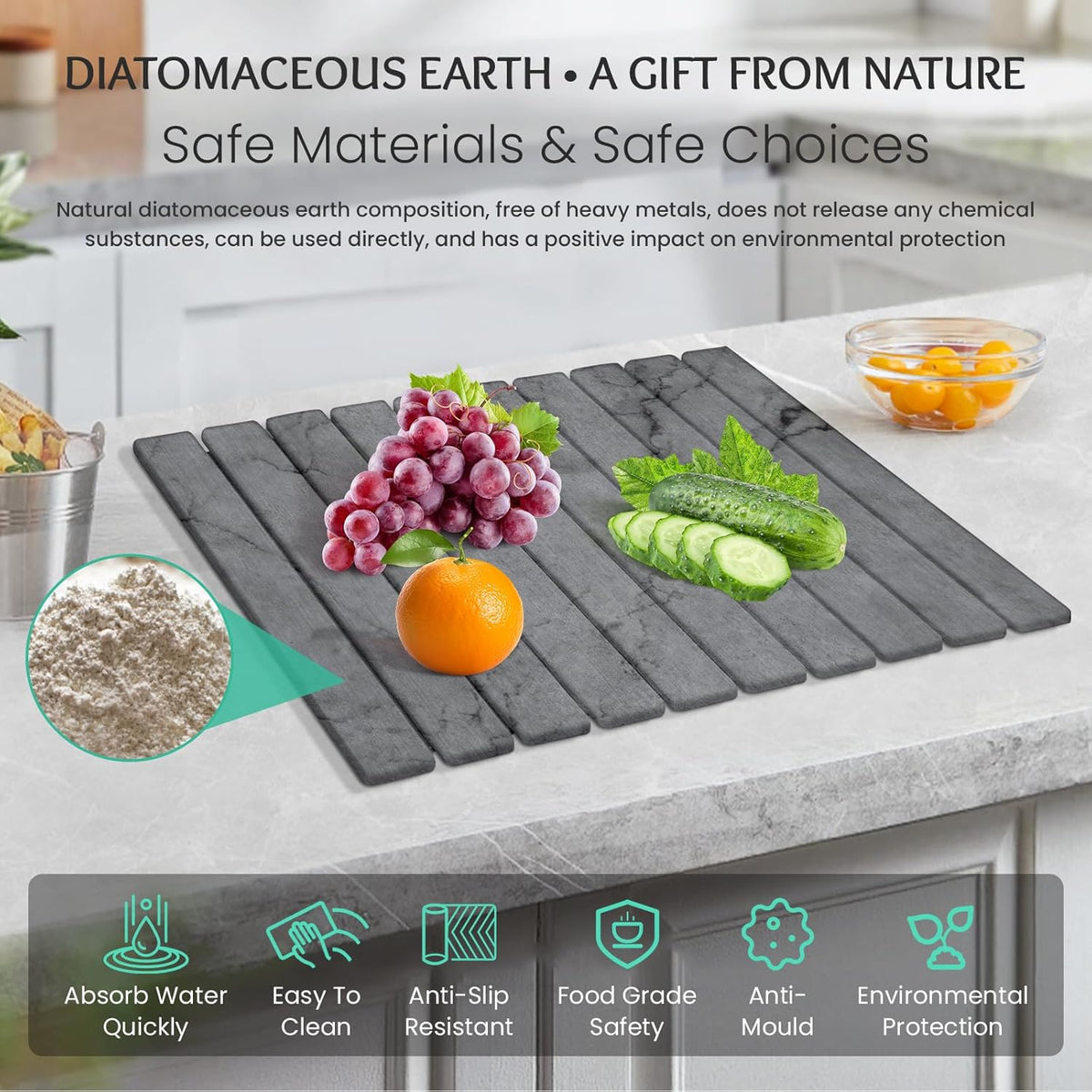 Stone Dish Drying Mat Collapsible Diatomaceous Earth Absorbent Mat Quick Dish Drying Pad Dish Rack Pad Match Any Counterto Multiple Usage for Kitchen,Bathroom (Dark-Gray Marble Pattern, 24"L x 16"W)