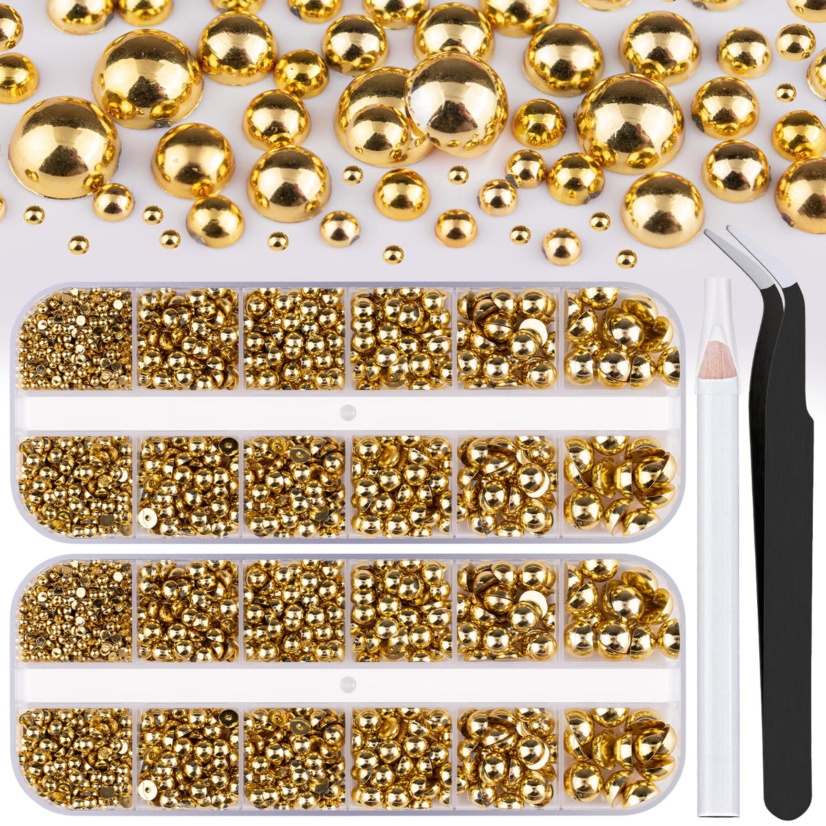 Belleboost Flat Back Pearls Kits 2 Boxes Of Flatback Gold Half Round Pearls With Pickup Pencil And Tweezer For Home Diy And Prof