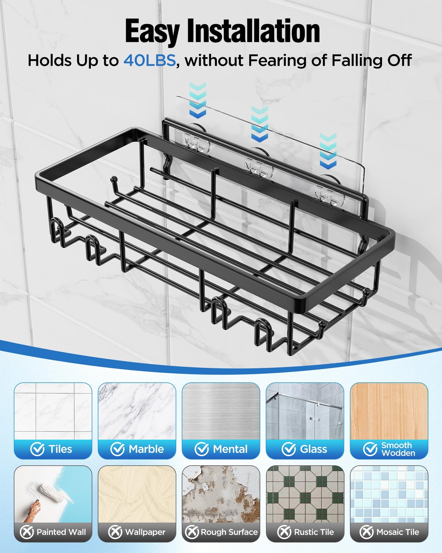 Yorshvil Shower Caddy 7 Pack, Adhesive Bathroom Shower Organizer for Bathroom Storage, No Drilling Large Capacity Rustproof Stainless Steel Shower Shelves Rack for Bath, Black