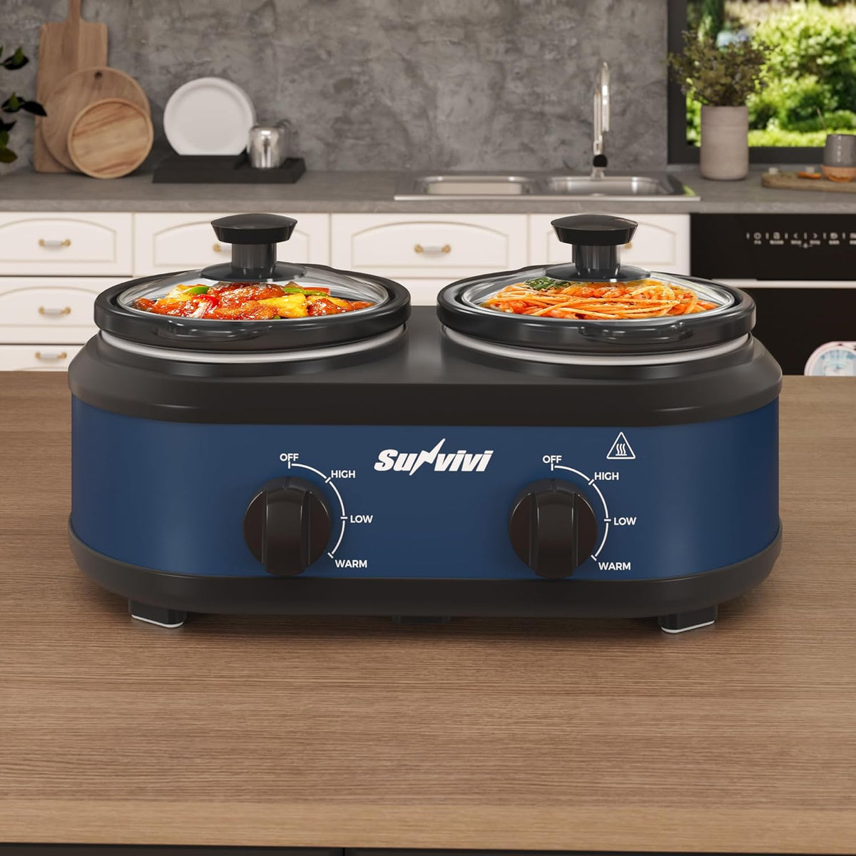 Sunvivi Double Slow Cooker,2 Removable Pots Small Mini Crock Buffet Server and Warmer with Adjustable Temp, Visible Glass Lids, Dishwasher Safe, 2 x 1.25 Quart, Blue