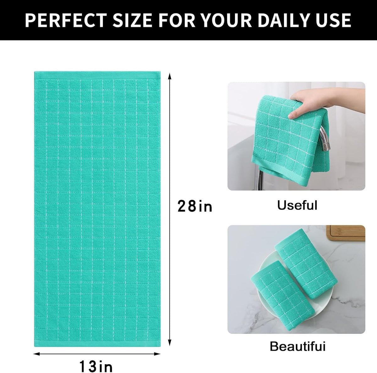 Homaxy 100% Cotton Terry Kitchen Towels(Turquoise, 13 x 28 inches), Checkered Designed, Soft and Super Absorbent Dish Towels, 8 Pack