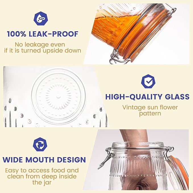 Amzcku Wide Mouth Vintage Mason Jars with Airtight Lid 32oz, Canister Quart Jars for Kitchen Storage - for Coffee, Sugar, Beans 6 Pack