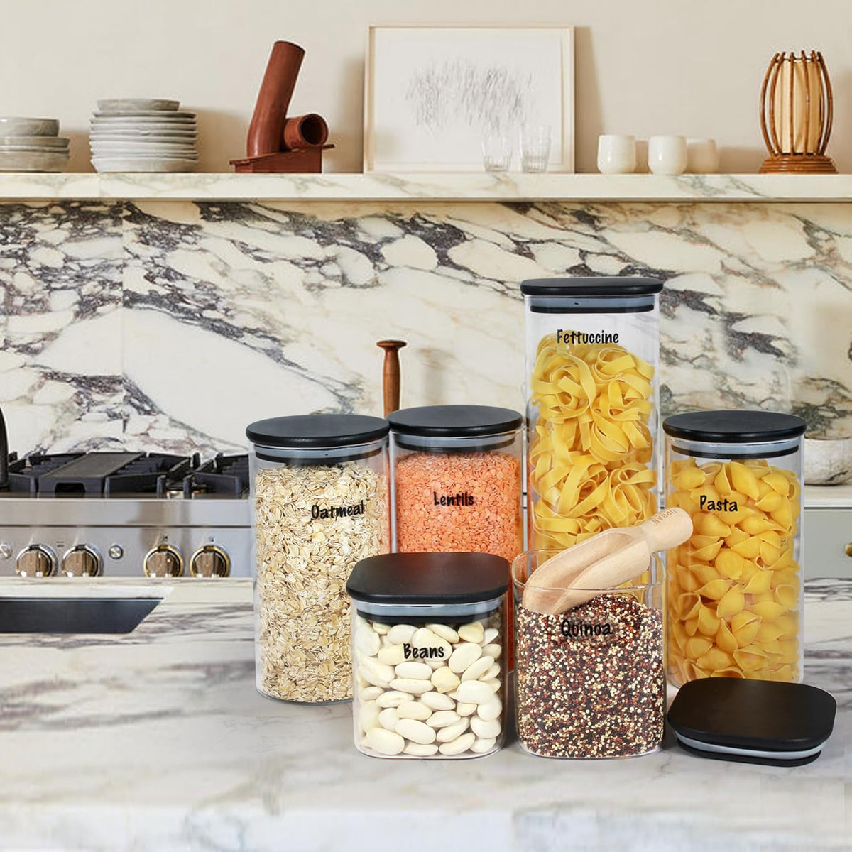 Urban Green Glass Jars with Black Lids, Glass food storage container sets with black lids, Airtight Canisters Sets with Bamboo Lids. Pantry Jar (3 Pack of 48oz)
