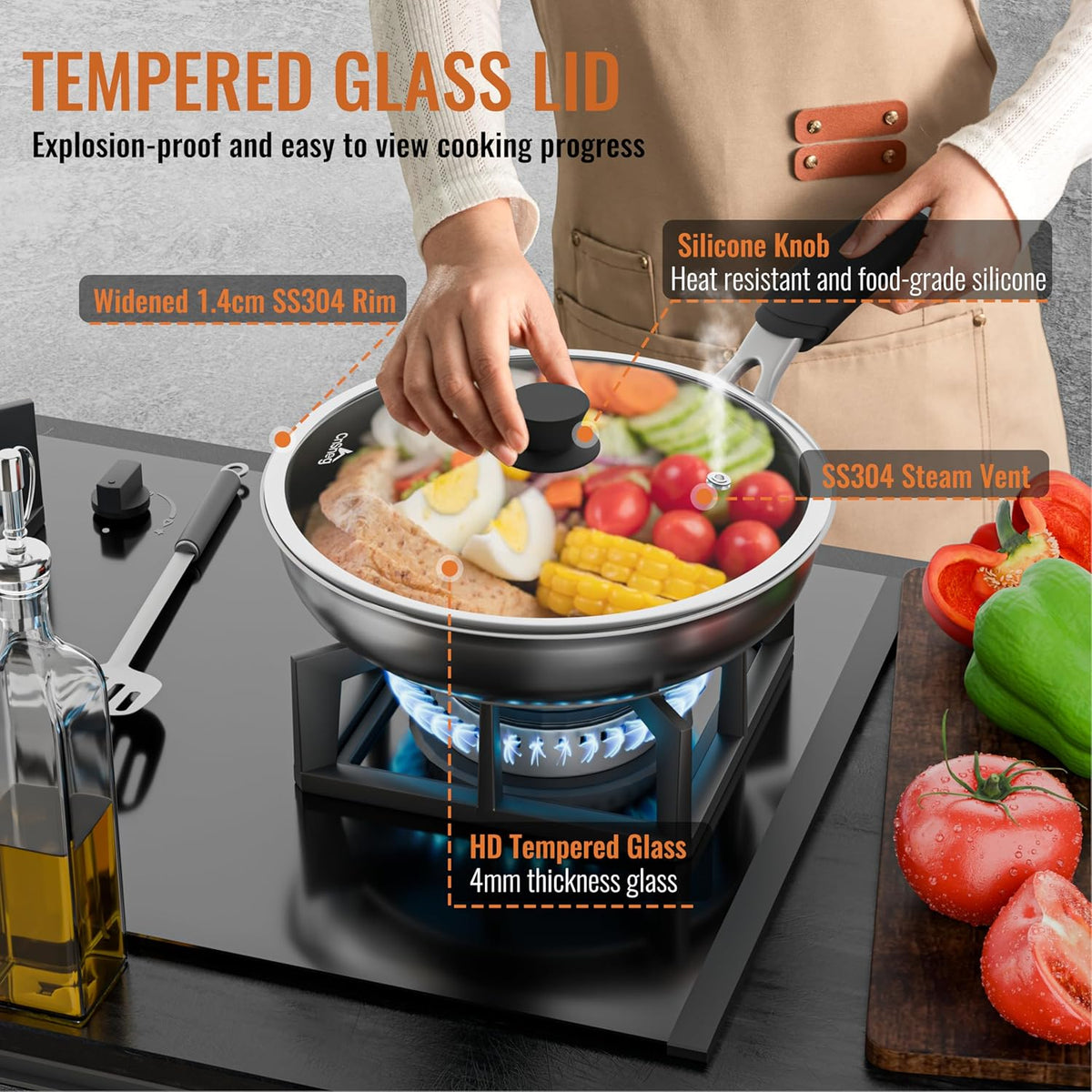 8 Inch Pan Lid For Pots Pans and Skillets, Cast Iron Skillet Lid, Tempered Glass Pan Lids, Replacement Pan Cover for Frying, Wok, Crock Pot Lid with Wide Stainless Steel Rim, Cooking Pot Covers