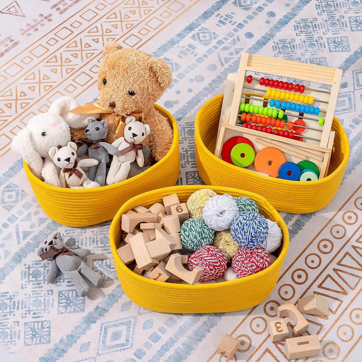 CubesLand Rope Woven Storage Baskets, Small Baby Nursery Organizer Basket, Rectangular Organization/Storage Bins, Closet Shelves Baskets，Empty Gift Basket 3 Packs, Yellow