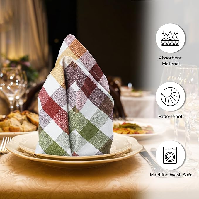 Urban Villa Harvest Cloth Dinner Napkin Set of 6 20x20 inches Fall Checks 100% Cotton Highly Absorbent Durable Reusable Washable Ideal for Farmhouse Thanksgiving Fall Everyday Use Table Napkins