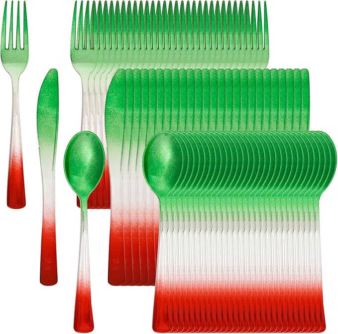 LIYH 120 Pcs Christmas Plastic Silverware - Green and Red Plastic Silverware for Xmas, Gold Cutlery Disposable for Christmas Day Holiday, Gathering