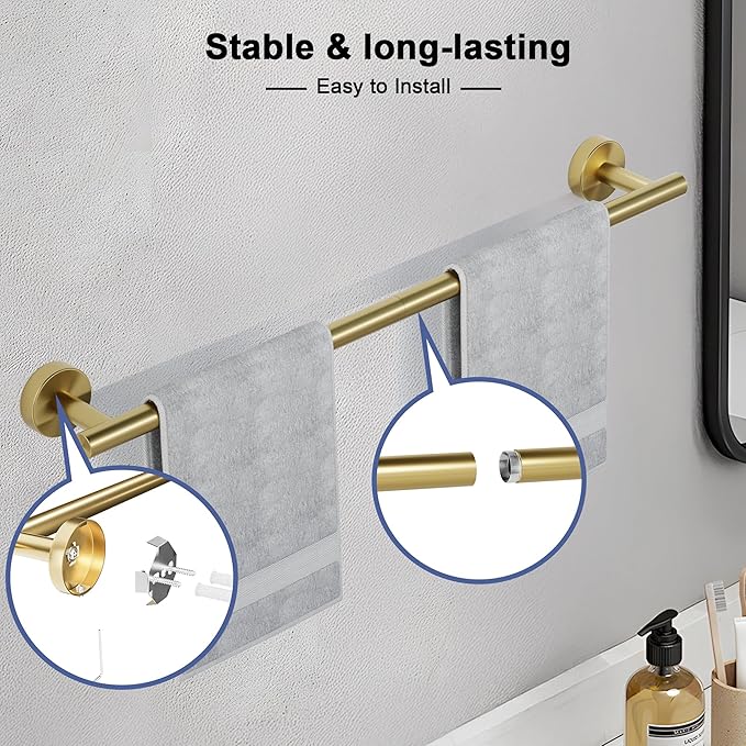 Brushed Gold Towel Bar, 24 Inch Towel Racks for Bathroom Wall Mounted, SUS304 Stainless Steel Bathroom Towel Holder, Total Length 26.4 Inch Towel Bars