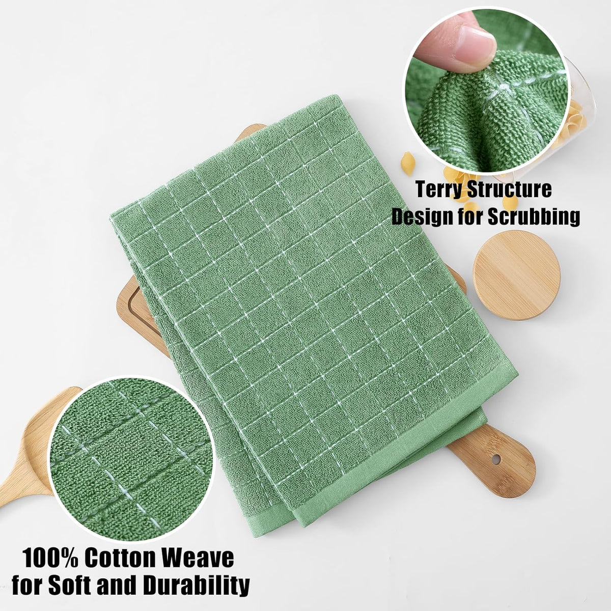 Homaxy 100% Cotton Terry Kitchen Towels(Grass Green, 20 x 28 inches), Checkered Designed, Soft and Super Absorbent Dish Towels, Large 4 Pack