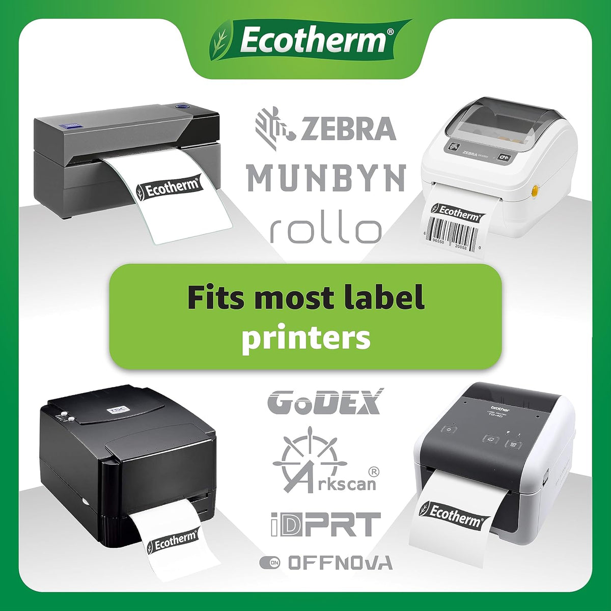 2.25" x 2.25" Thermal Labels | 4 Rolls | 2800 Labels | fits Zebra, Munbyn, Rollo, Godex, Arkscan, iDPRT, Offnova Thermal Label Printers and More | Blank White Adhesive Stickers by Ecotherm