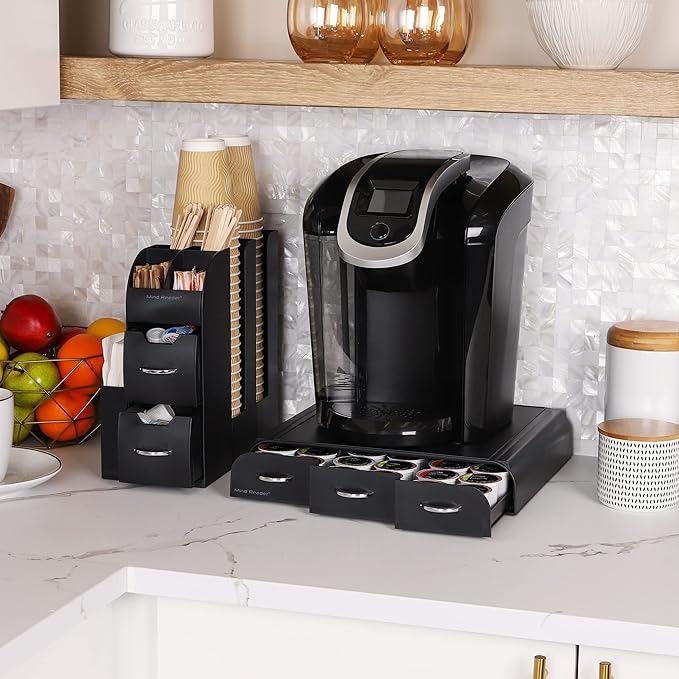 Mind Reader Single Serve Coffee Pod Drawer and Cup Condiment Set, 2 Pcs., 36 Pod Capacity, 5.35"L x 11.25"W x 11.15"H, Black
