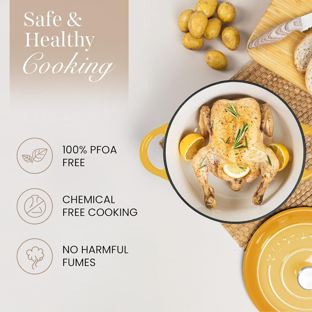 Nuovva Enamelled Cast Iron Dutch Oven Pot with Lid 6.4 Quart Non Stick Casserole Pot – Heavy Duty & Oven Safe up to 500° F for Bread Baking, Braising, Stews, Roasting – 28cm Yellow