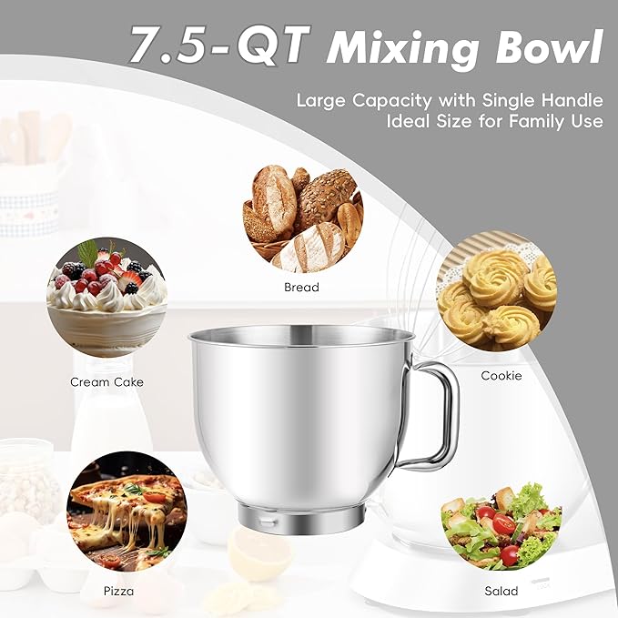 Kitchen in the box Stand Mixer, 900W 7.5QT Kitchen Electric Mixer, 6-Speed Tilt-Head Food Mixer for Baking with Dough Hook,Wire Whip,Beater (Silver)