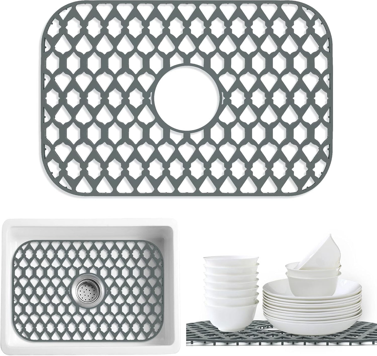 Sink Protectors for Kitchen Sink 13x11 &16x12 &19x14 &22x13 &24x13 &26x14 &28x14 &30x16, Large Silicone Sink Mats Grid for Bottom of Farmhouse Sink (19”x13”, Center Drain)