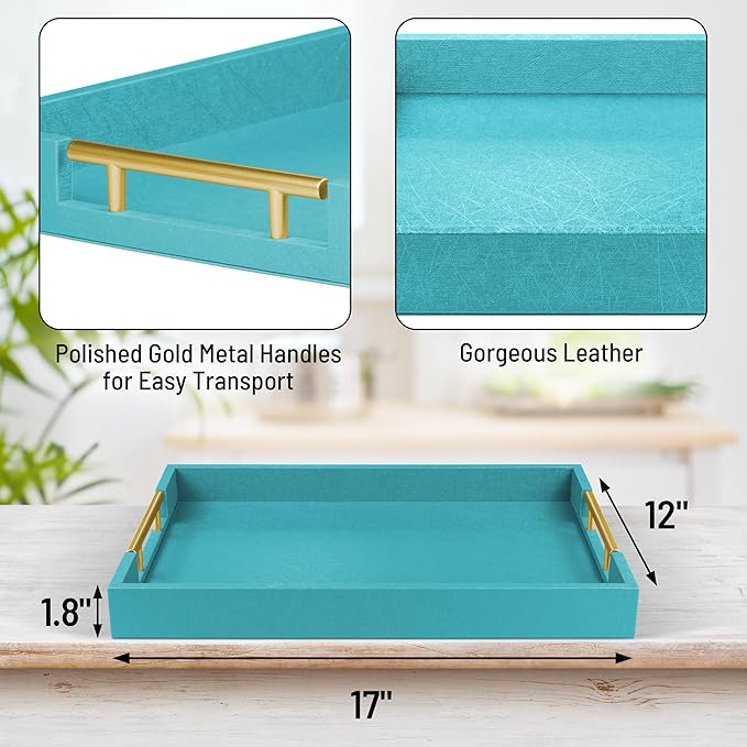 17" x 12" Wood Serving Tray with Gold Polished Metal Handles, Home Decorative Wooden Rectangle Ottoman Leather Decor Platter Bathroom Vanity Tray for All Occasions Blue