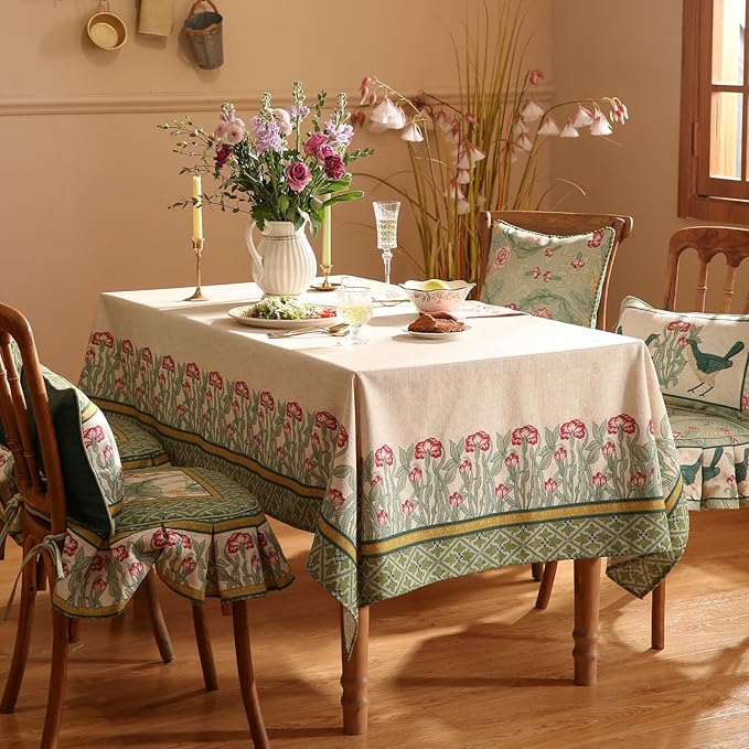 patdrea Designer Green Long Tablecloth for Rectangle Table,Vintage Linen Floral Leaves Pattern Table Cloth,Cover Decor for Kitchen Dining Christmas,Tea Party,Thanksgiving,63"x94"-Cecilia D