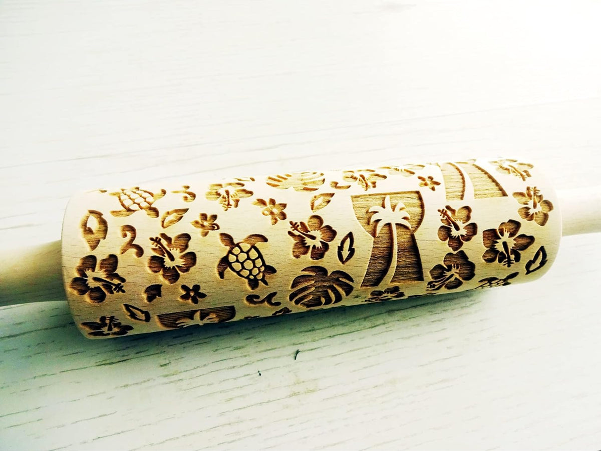 GUAM ROLLING PIN with HIBISCUS HAWIIAN PALM TURTLE MONSTERIA GIFT for FRIEND
