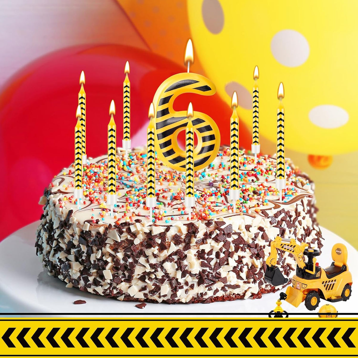 13 Pcs Construction Themed Birthday Candles Set Yellow and Black Number 6 Candle Cake Topper for Construction Party Decoration Supplies (Number 6)