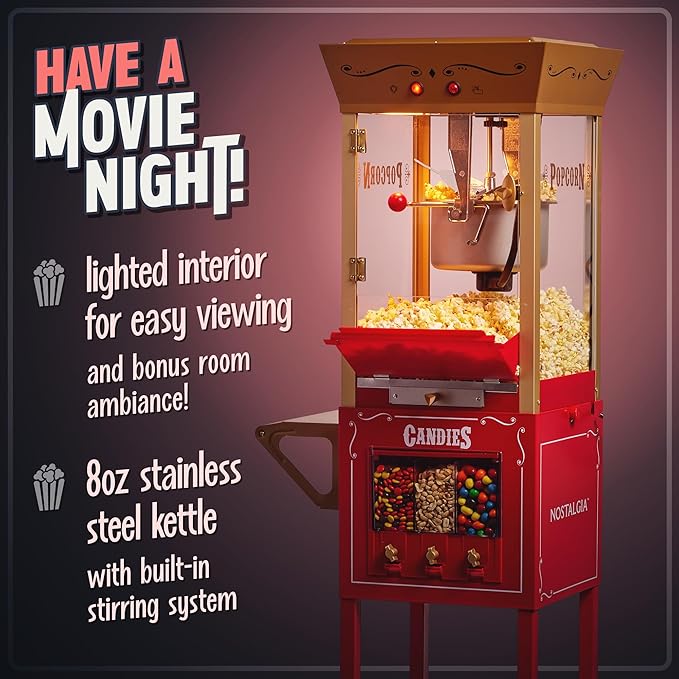 Nostalgia Vintage 8 Ounce Professional Popcorn Cart Makes Up to 32 Cups, Three Storage Candy & Kernel Dispenser Also for Nuts, Chocolate, Measuring Spoons and Scoop Included, Red
