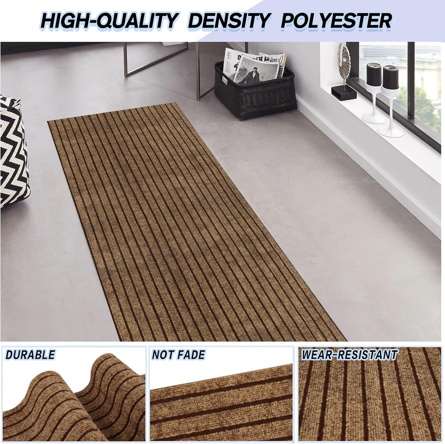 Custom Size Backed Non-Slip Area Rugs Runner, Easy Clean, Waterproof Runner Rugs for Hallway Entryway, Kitchen, Laundry, 4FT x 58FT, Brown Stripe