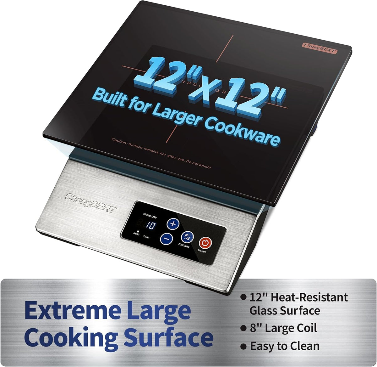 ChangBERT 1800W Commercial Grade Induction Cooktop, NSF Certified Portable Large 8" Heating Coil, 12" Heat Resistant Cooking Surface Premium Stainless Steel Pro Chef Professional Burner Hot Plate