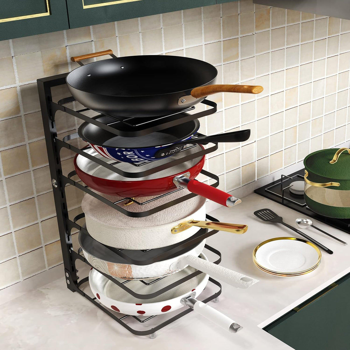 6-Tier Multifunctional Adjustable Pan & Pot Rack for Cabinet, Countertop Organizer, Pot Organizer for Kitchen Organization & Storage, Pot Lid Organizer (Black)