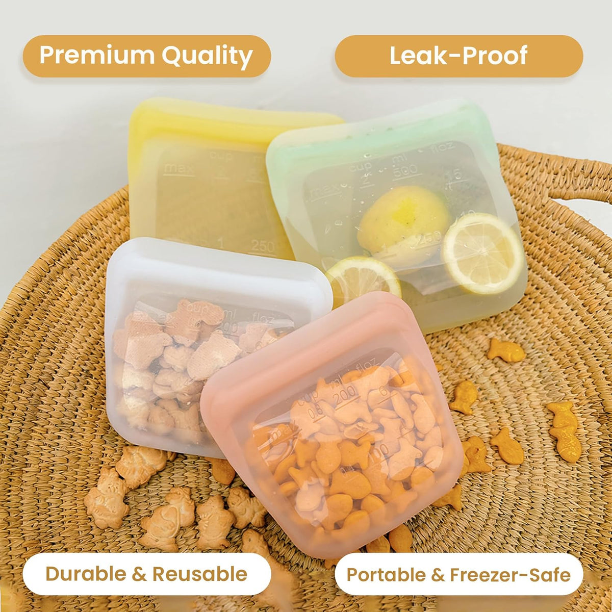 purifyou Set of 5 Reusable Silicone Storage Snack Bags 6oz / 16oz / 32oz / 64oz Self-Seal Food Storage Container for Fruits, Vegetables, Sandwiches, Dishwasher Safe & Leak-free (PastelYellow, 32oz)