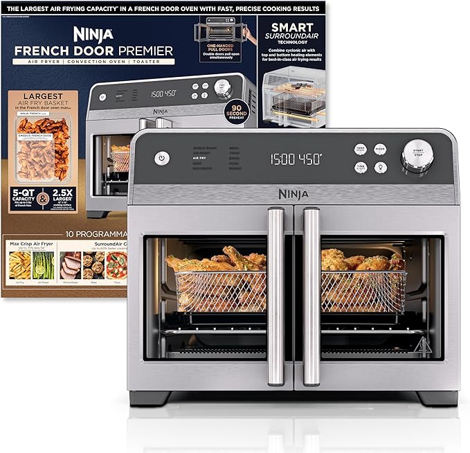 Ninja | French Door Premier | Air Fryer, Convection Oven, Toaster | 5-qt Air Fry Basket, Sheet Pan, Wire Rack, Broil Rack | PFAS-free Cooking Surface, Dishwasher-safe Accessories | FO101 (NEW)