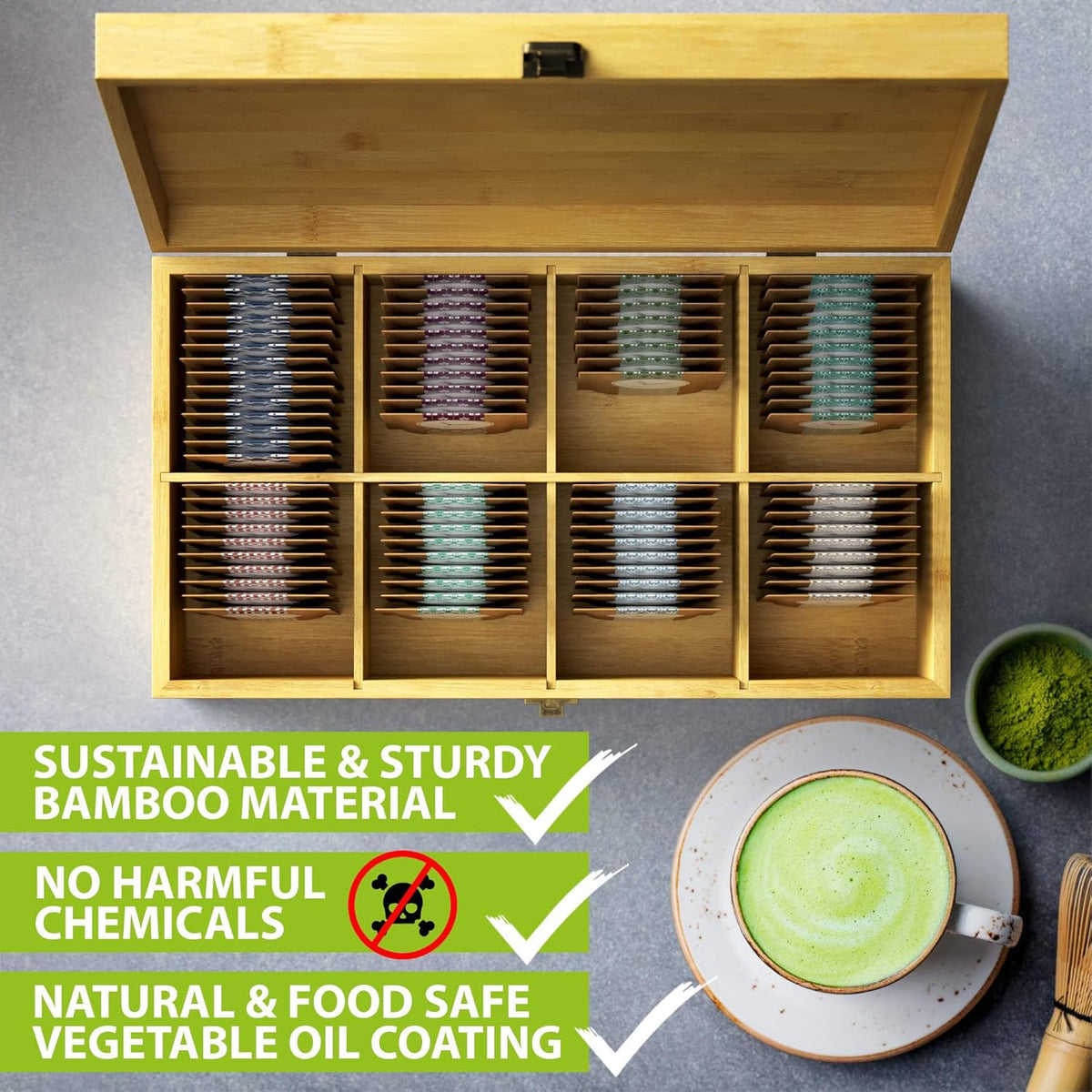Bamboo Tea Organizer Box Chemical Free Eco-Friendly Big, Tall, Adjustable Cubbies Natural Wooden Storage Chest (8-Slot 14.3" x 8.1" x 4.2" Blank)
