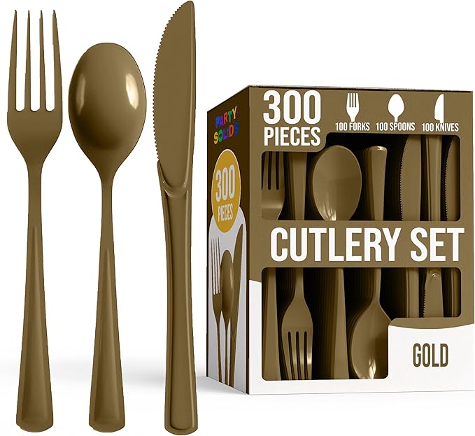 Party Solids Gold Plastic Silverware Heavy Duty 300 Pieces Gold Plastic Cutlery Sets, Utensil Sets, 100 Of Each Forks, Knives & Spoons Disposable Cutlery Set, Flatware Set For Party Supplies