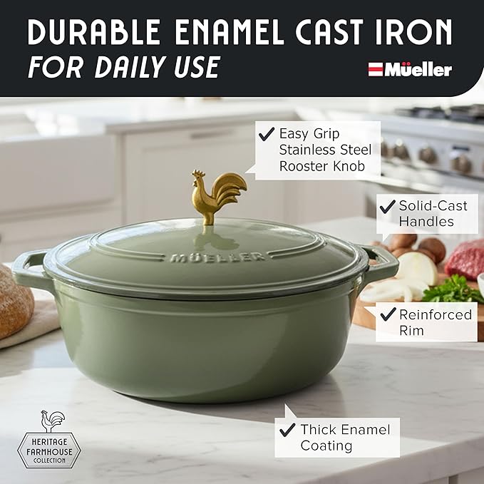 MUELLER HOME 5.5 Quart Enameled Cast Iron Oval Dutch Oven w Rooster Knob & Cotton Potholders, Heavy-Duty Cookware, Oven-Safe up to 500° F & Across All Cooktops, Gifts for Grandma & Women, Thyme Green