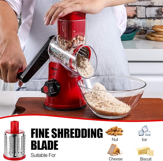 Geedel Rotary Cheese Grater, Kitchen Mandoline Vegetable Slicer with 2 Interchangeable Blades, Easy to Clean Rotary Grater Slicer for Fruit, Vegetables, Nuts