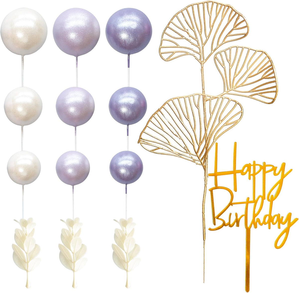 Gyufise 57Pcs Purple Balls Cake Topper Boho Grass Cake topper Pearl Balls Acrylic Happy Birthday Cake Decorations for Wedding Baby Shower Birthday Boho Themed Party Supplies Pearl Purple