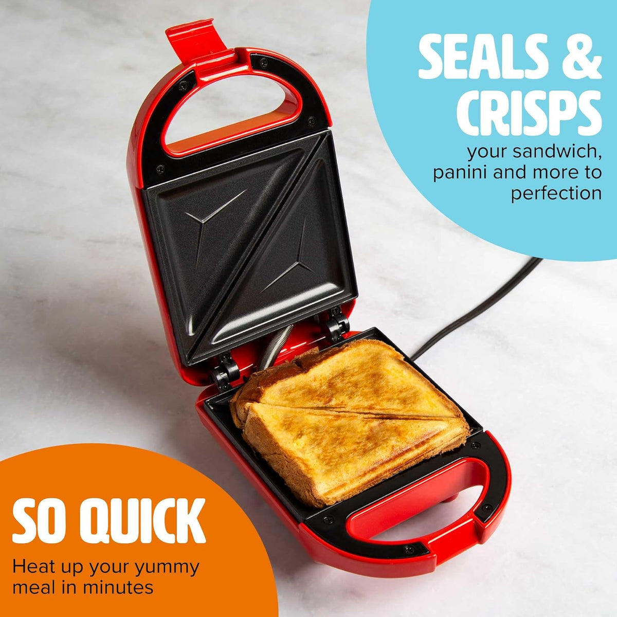 Tasty Mini Sandwich Maker, Makes Sandwiches, Paninis, Grilled Cheese, Desserts, Quick Results, Easy Cleanup, 600W, Red