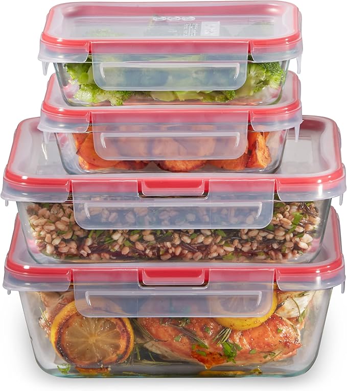 Pyrex Freshlock (4-Pack) Mixed Sized Glass Food Storage Containers Set, Airtight & Leakproof Locking Lids BPA-Free, Meal Prep Containers Set, Freezer Dishwasher Microwave Safe